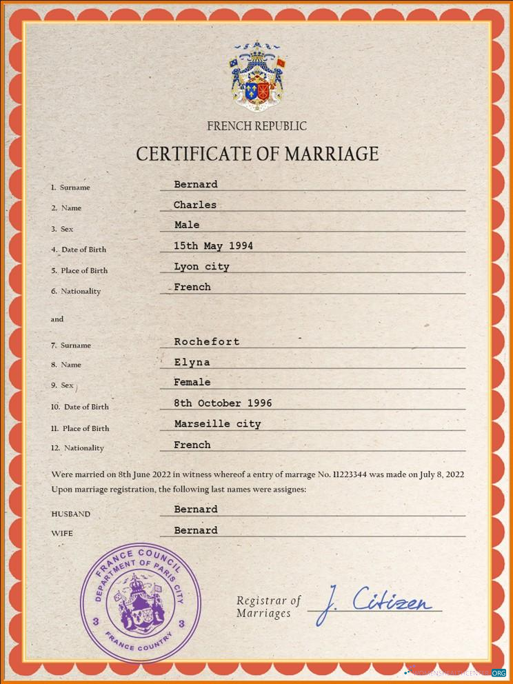 Download France marriage certificate PSD template Photoshop template